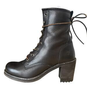 Vintage Frye Karen Black Leather Lace Up Block Heel Boots Size 8